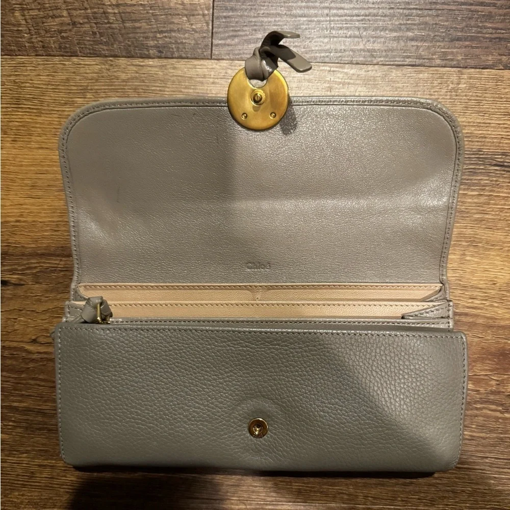 Chloe Gray Leather Wallet with Gold-Toned Detail and Snap Closure